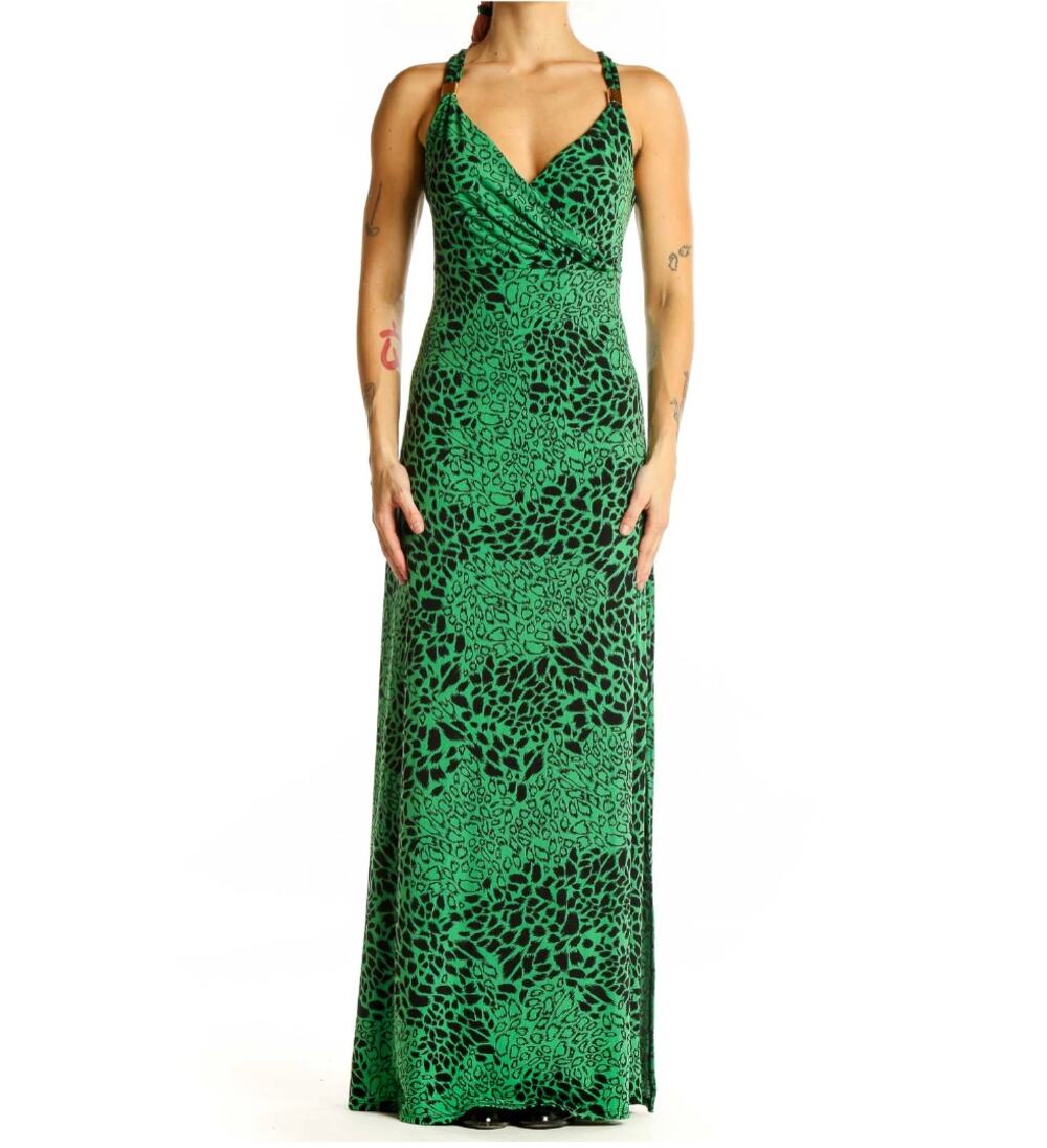 WHBM Green Leopard Print Maxi Dress S Emerald Animal V Neck Side Slit Gold Strap